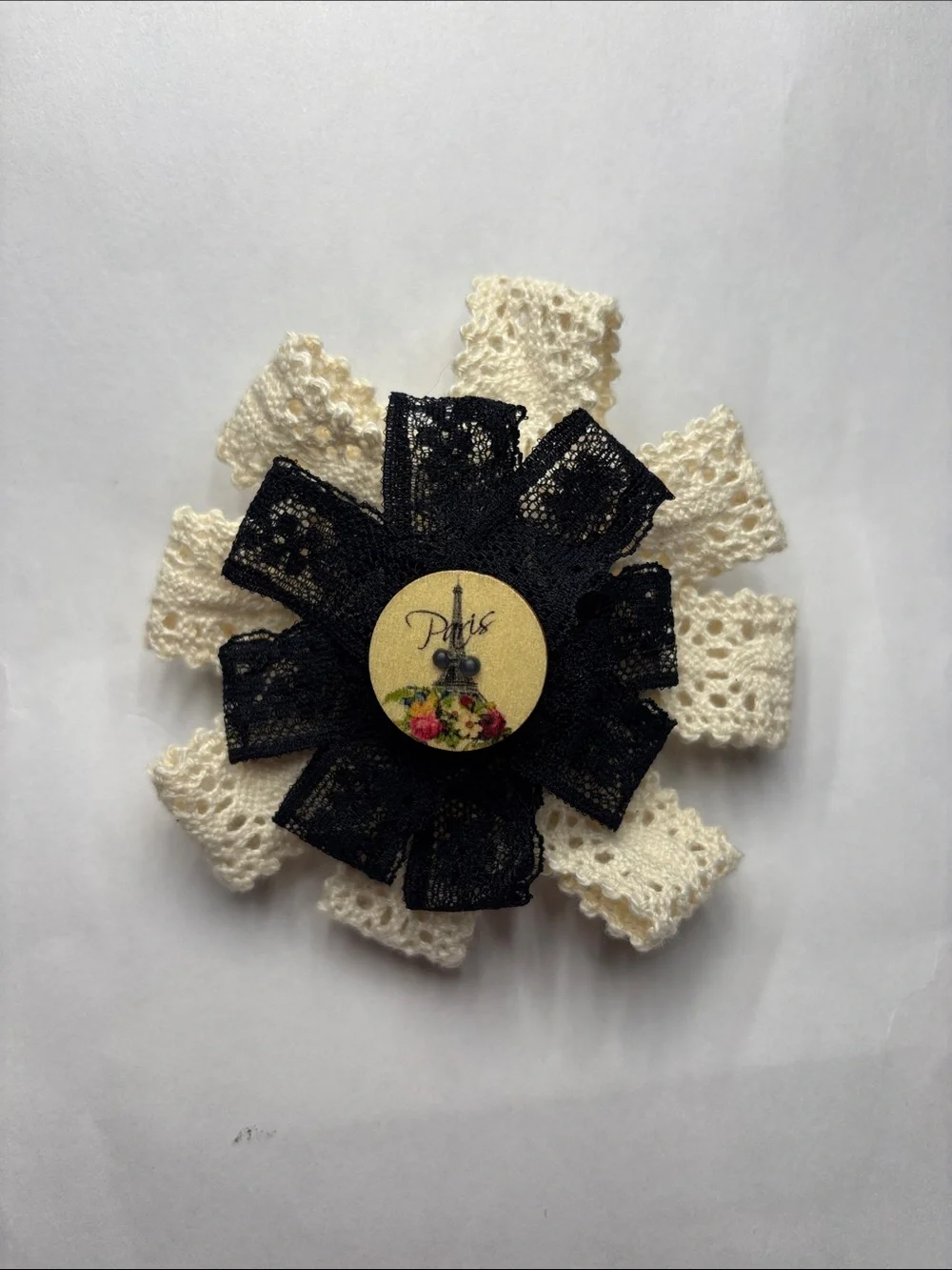 Handmade Paris Inspired Black and Cream Lace Hair Bow